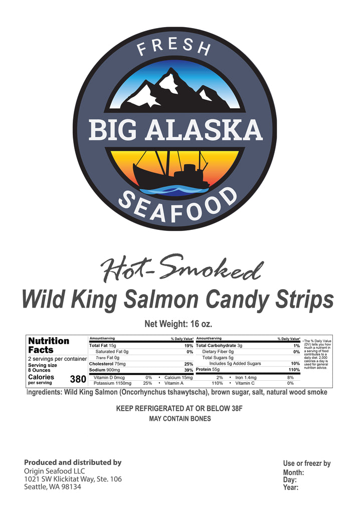 smoked king salmon strips label