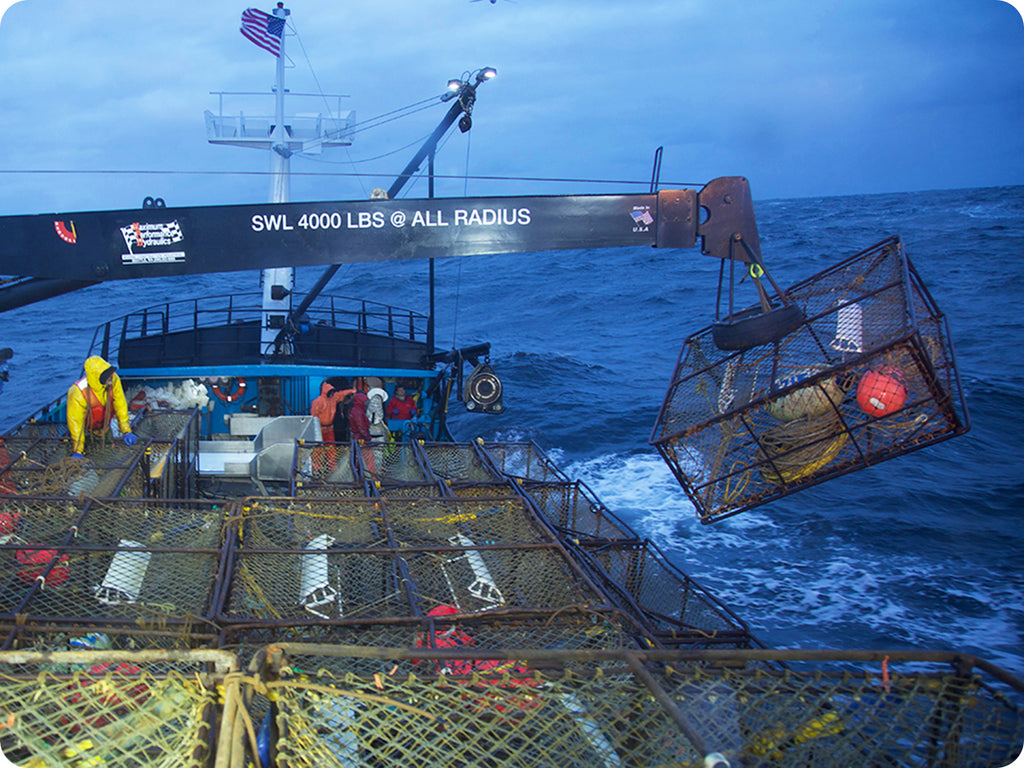 A crabbing vessel dropping a large crab pot in Alaska.