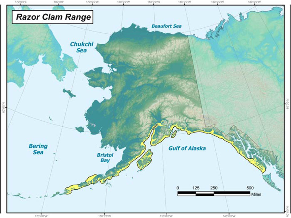 A map of the Gul of Alaska where Razor clams are harvested.